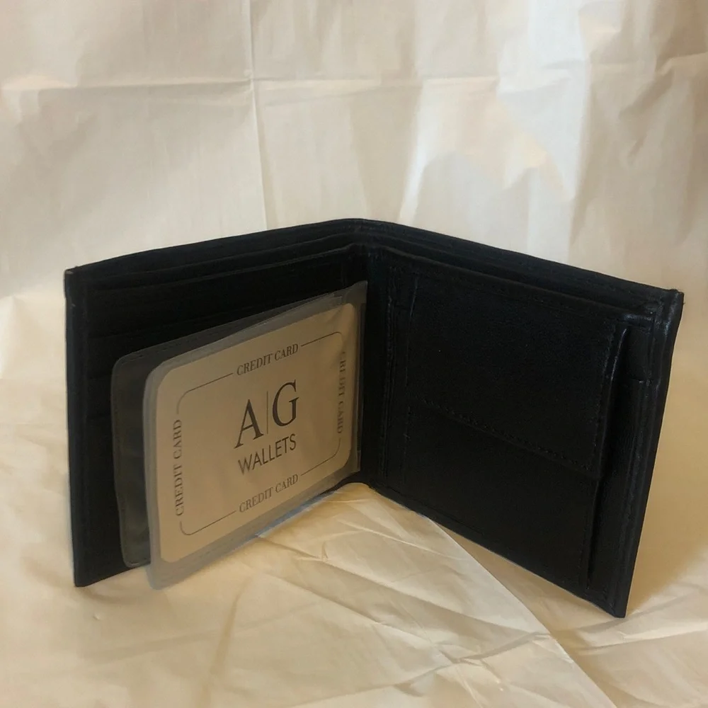Buttery black leather men’s wallet with zip billfold compartment; new & quality